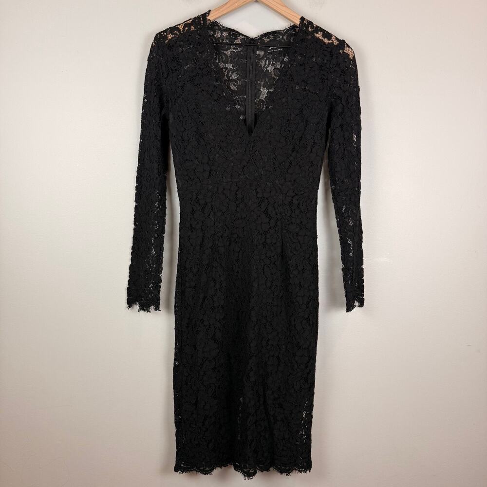 Bardot Dress Women 6 Black Floral Crochet Lace Zip Back V-Neck Long Sleeve Party